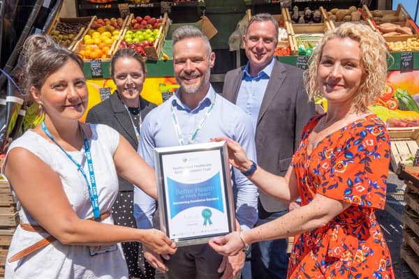 From left, Jill Harland, Kate Thompson, Steven Chater and Andrew Besford of Northumbria Healthcare with Susanne Nichol from the Better Health at Work Award.