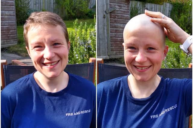 Georgina Tetley-Paul before and after her charity hair shave.