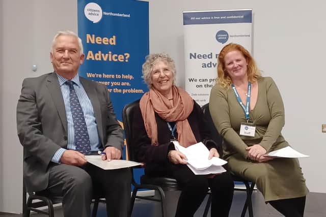 From left, Cllr Sanderson, Citizens Advice Northumberland chair of trustees Mary Durkin, and CEO Abi Conway at the organisation's AGM, where the report was launched. (Photo by Citizens Advice Northumberland)