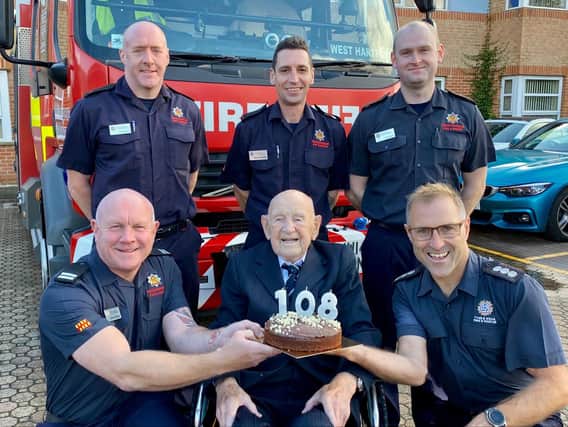 A crew from Northumberland Fire and Rescue help retired firefighter Joe Dixon celebrate his 108th birthday.