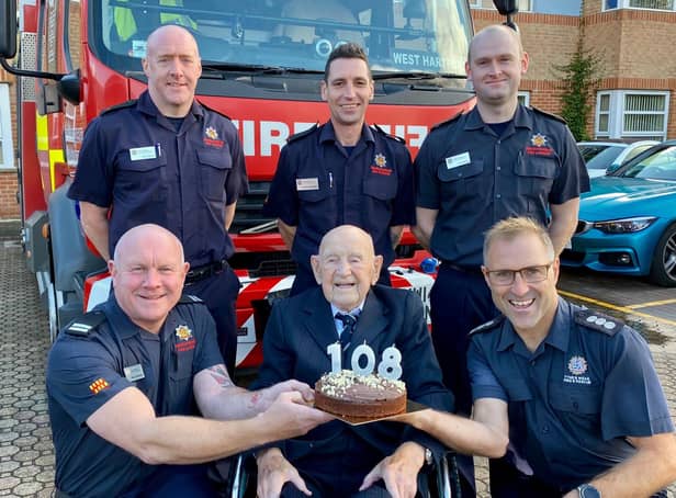 A crew from Northumberland Fire and Rescue help retired firefighter Joe Dixon celebrate his 108th birthday.