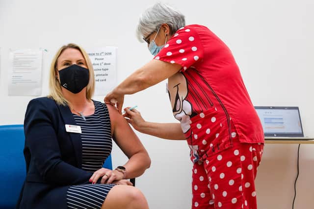 Alice Wiseman, Director of Public Health for Gateshead, receives her second vaccination as part of the launch of 'Every Question Matters' campaign.