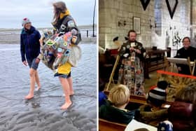 The Coat of Hopes crossing the sands on Holy Island Pilgrim's Way and Curate Alex Firmin wears the coat for the harvest talk to Lowick and Holy Island CofE First Schools.