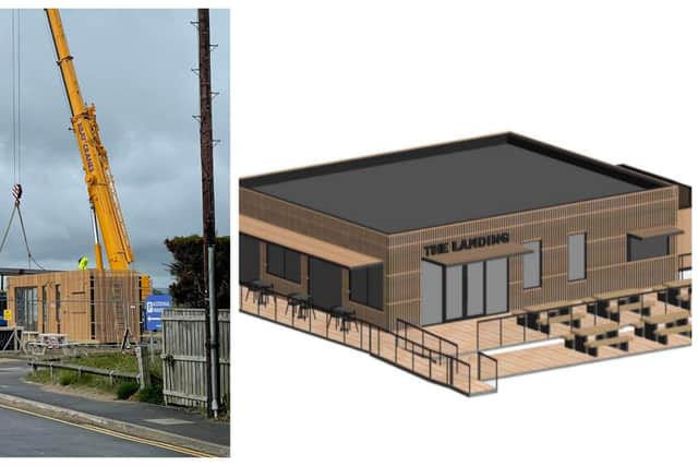 Shipping containers are lowered into place as plans for a new beach cafe in Beadnell begin to take shape and, right, how The Landing will look. Picture: Vanessa Rhodes
