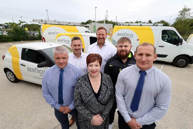 From left, Mark Brewis, Bernicia commercial and programme manager, Michael Pallister, 0800 Repair operations director, Sharon Brookes, Bernicia head of asset and retrofit, Jason Oakes, 0800 Repair sales director, Gareth Wright, Bernicia retrofit manager and Ryan Irving-Carr, Bernicia assistant director assets.
