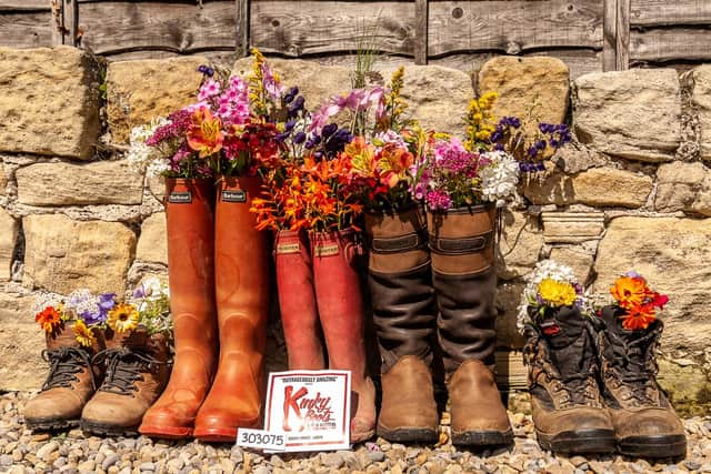 Boots were used to create a floral exhibit for the virtual Warkworth Show,