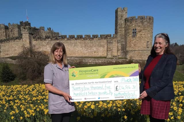 Vanessa Proudlock, head of community engagement for Northumberland Estates, is pictured handing over a cheque for £24,516.00 to Maxine Shell, HospiceCare’s family support co-ordinator and nursing assistant, following a year of fundraising for the Hospice.