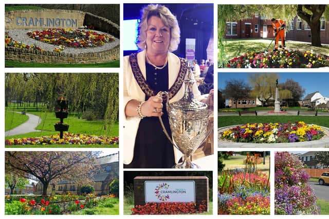 Cramlington Mayor Helen Morris and some of the town's floral displays. Picture: Cramlington Town Council