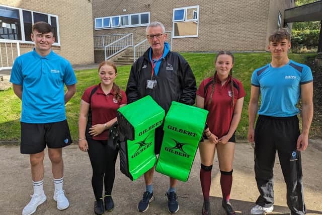 From left, Brody Johnston (Active Northumberland), Lola Taylor, Dougie Hall (Regional Rugby Development Officer), Isla Greenwood and Ewan Tait (Active Northumberland).