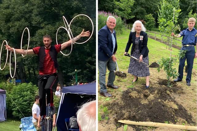 Attractions included a circus-style entertainer. Also pictured, Caroline Pryer and Coun Glen Sanderson together planted an oak tree to mark the Queen's Platinum Jubilee.