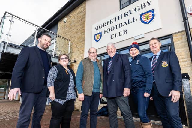 Morpeth RFC say thank you - (From left) John Stafford, Morpeth RFC Chairman; Lesley Grieve, Fundraising;  Ian Craigs, Freemasons; Simon Harries, Club Chairman; Jane Sexton, Business Development Lead; Rob Winter, President   Picture submitted by Morpeth RFC