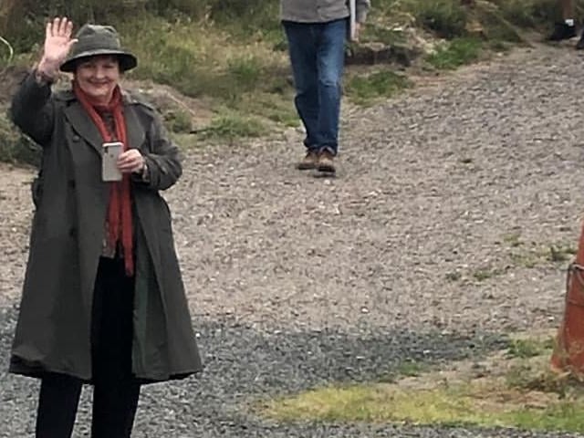 Brenda Blethyn, who stars as Vera, waves as Kelly Mallaburn, who works at the Seaview Restaurant at The Fishing Boat Inn, Boulmer, takes her picture.
