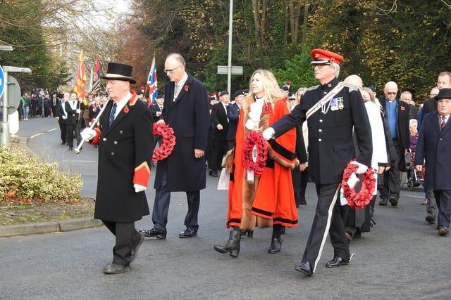 Representatives of Morpeth and Northumberland march to the Cenotaph.
