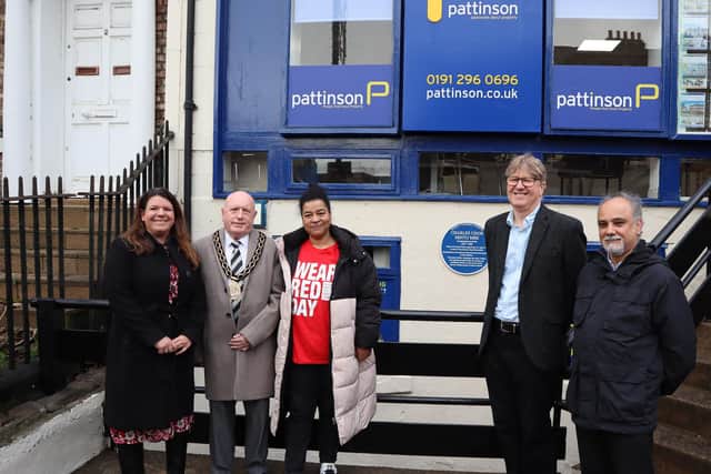 With the new plaque, from left, Caroline Pattinson of Pattinson Estate Agents; Chair of North Tyneside Council Cllr Brian Burdis; Justine King, Show Racism The Red Card; David Young, North Shields Heritology Project; and Siamak Zolfaghari from North Shields Library. (Photo by North Tyneside Council)