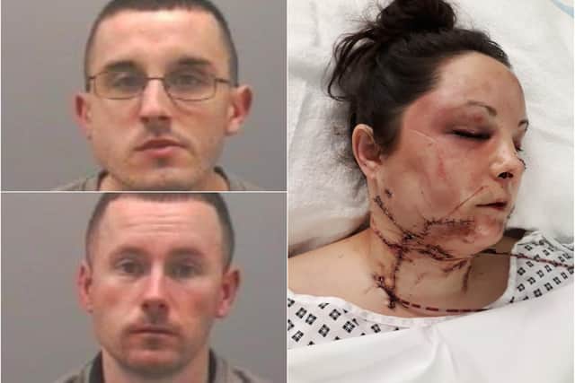 The injuries Louise Pearce, right, suffered at the hands of Brett Fenwick, bottom left. Pictured top is Blaine Fenwick, Brett's brother, who was convicted of helping his brother attack Miss Pearce's partner earlier.