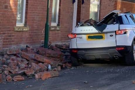 High winds cause a building in South Shields to partially collapse onto a nearby car