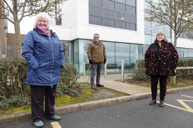 Town Mayor Loraine De Simone, Village Ward Councillor Mark Swinburn and Councillor Christine Dunbar, chair of the Northumberland County Council Local Area Committee, at the site of the new library facility.