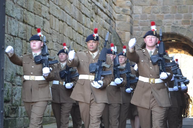 Fusiliers leaving Alnwick Castle.