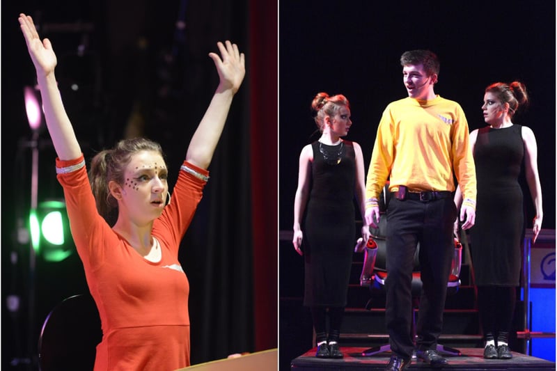 Duchess's Community High School pupils perform Return To The Forbidden Planet at Alnwick Playhouse. Left, Navigation Officer Hannah Lamb. Right, Kirsty Hensleigh as R2Dontdo, Kieran Renner as Captain Tempest and Amy Barrett as Ariel.