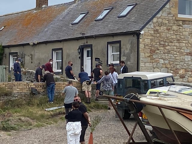 Brenda Blethyn, who plays DCI Vera Stanhope, and co-star Kenny Doughty, who plays DS Aiden Healy, can be seen on set in Boulmer village, one of the locations for series 11 of the popular ITV crime drama Vera.
