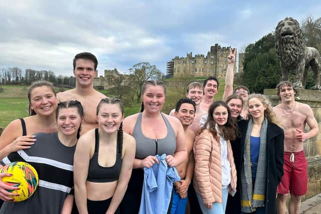 St Cloud State University students who took part in the traditional Shrove Tuesday football match in Alnwick.