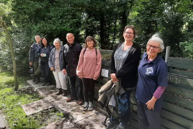 Volunteers with RHS visitors, from front to back: Julia Howard, Christine Wright (RHS),  Jessica Kimche (RHS), Gordon Mclean, Monica Lamb, Kate Dixon (NCC’s parks officer) and Keith Johnson.