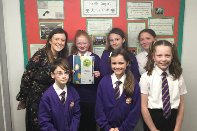 Teacher Claire Donnelly with the ‘Eco Warriors’ at James Knott C of E Primary School.
