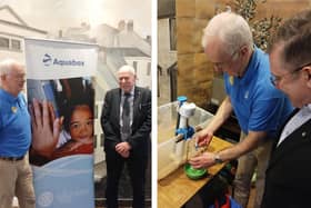 Left photo: speaker James Hettrick with David Ross, chair of Berwick Rotary's International Committee. Right photo: James Hettrick demonstrates the simplicity of the Aquabox filter, watched by Rotary member Stevie Crozier.