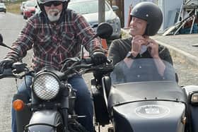 Sidecar passenger David Smith on his summer constituency tour.