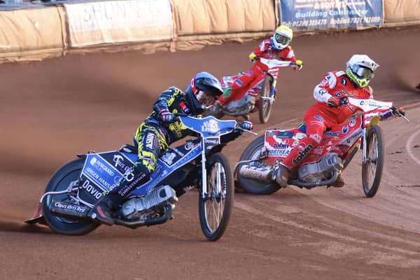 Jonas Knudsen leads Chris Harris of Glasgow Tigers, but Bandits slipped to a disappointing defeat on Saturday. Picture: Keith Hamblin
