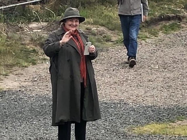 Brenda Blethyn, who stars in ITV crime drama Vera, waves as Kelly Mallaburn, who works at the Seaview Restaurant at The Fishing Boat Inn, Boulmer, takes her picture.