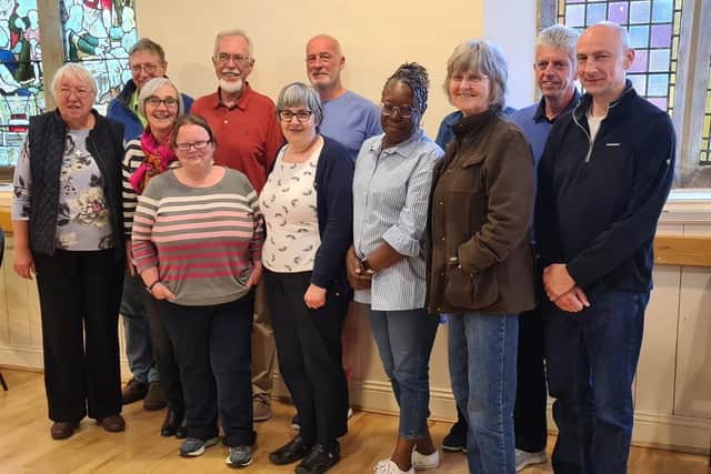 Alnwick Homes for Ukraine Community Support Group. Pictured are: Michelle Duff, Louis and Joanna Dassen, Beth Gascoigne Owens, Andrew Duff, Vivien Kay, Paul Stenhouse, Desiree Musio, Kerrie Andrew, Marilyn Iley, Rob Andrew and Michael Holliday.