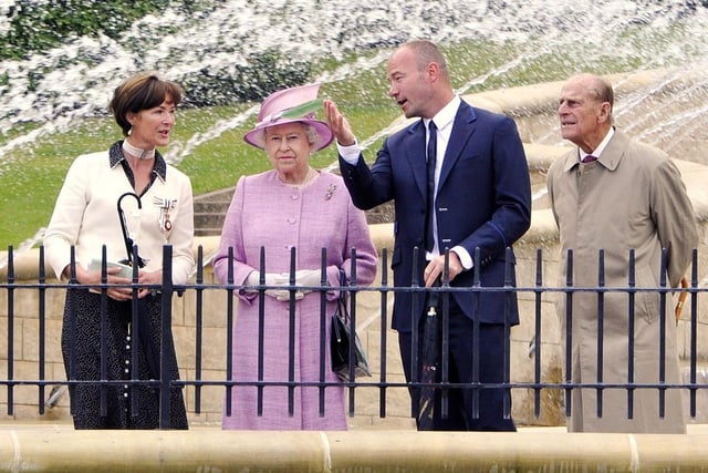 The Duchess of Northumberland with Her Majesty The Queen, Deputy Lord Lieutenant Alan Shearer and HRH Prince Philip at The Alnwick Garden in June 2011.