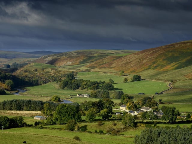 Looking towards Alwinton in Coquetdale, which follows the path of the meandering river Coquet to the west of Rothbury.