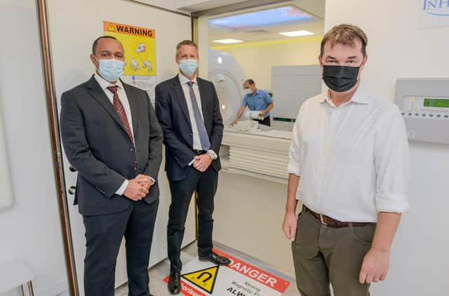 Hexham MP Guy Opperman officially unveils a new state of the art MRI scanner at Hexham General Hospital, managed by Northumbria Healthcare NHS Foundation Trust.
Pictured left to right, Radiology Consultant Ahmed Mohamed, Geoff Searle CEO of InHealth and Guy Opperman MP.