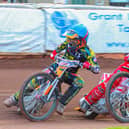 Connor Coles races Lee Complin of Glasgow Tigers. He suffered serious arm injuries after an accident later in the match. Picture: Taz McDougall