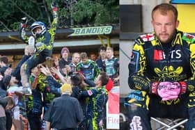 Leon Flint gets the traditional ‘bumps’ off his teammates after his first paid maximum for Berwick Bandits against Plymouth, and Nathan Stoneman, who sustained a broken shoulder blade in a high speed crash.