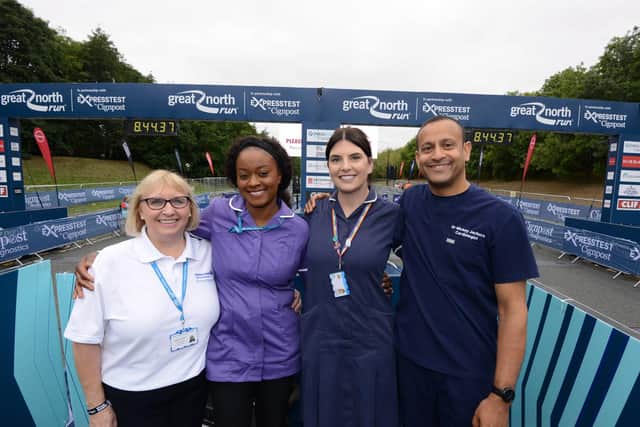 The starters of this year's Great North Run. Left to right, Clinical Ergonomics Advisor Debbie Southworth from Gateshead NHS Foundation Trust, Community Nurse Dorathy Oparaeche from Northumbria Healthcare, Charge Nurse Jade Trewick from the RVI Newcastle, and Dr. Mickey Jachuck Consultant Cardiologist from South Tyneside District Hospital. Picture: Raoul Dixon/NNP.