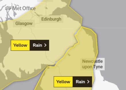 This graphic from the Met Office shows the area of the North East covered by today's yellow weather warning for rain.