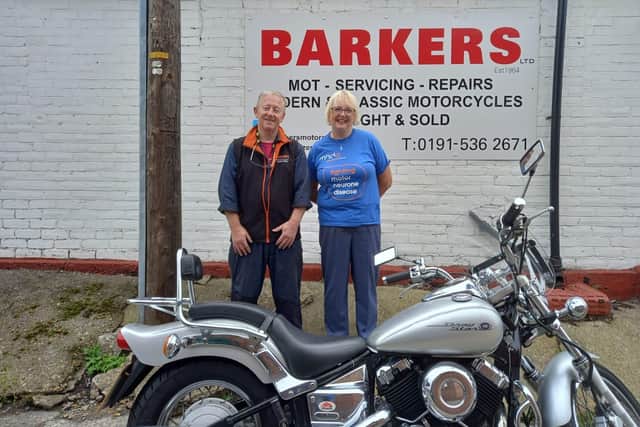 Dave Watson of Barkers Motorcycles and Marian Dent of Motor Neurone Disease Association