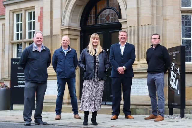 From left: Paul McKenna (Finance Director), Graeme Wilson (Managing Director), Melanie Brown (Commercial Estates Manager for Adderstone Group), Gordon Wilson (Managing Director) and Richard Wilson (Director) all Glendale Engineering, outside the company’s new offices at The Fleming in Jesmond, Newcastle.