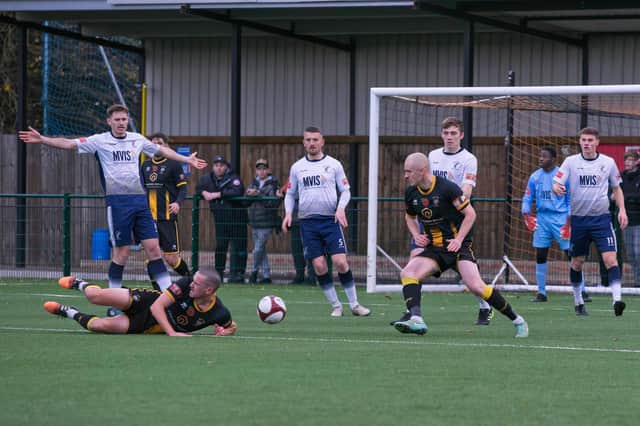 Action from Morpeth v Matlock Town on Saturday. Picture by George Davidson.
