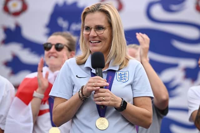Lionesses' head coach Sarina Wiegmanspeaks during the England Women's Team Celebration at Trafalgar Square. Picture: Leon Neal/Getty Images.