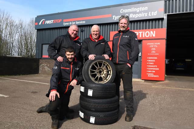 (From left) Lee Burns (kneeling), brothers Paul and Colin Battensby and Dale ‘Doc’ Jackson are welcoming Cramlington motorists as their garage enters a new era.