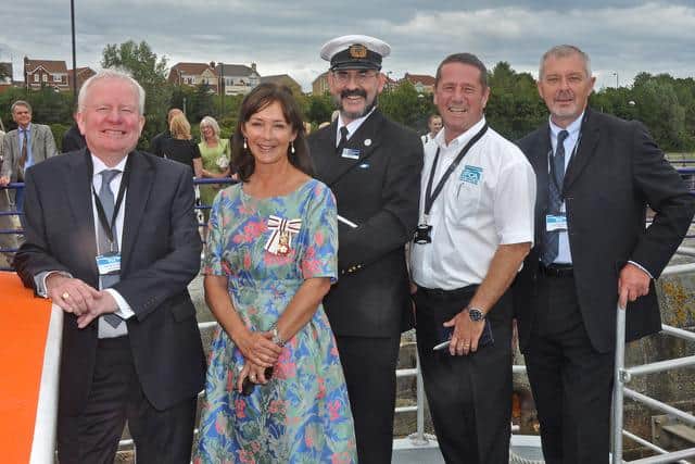 Al Browne, second from right, with, from left, NIFCA CEO Mike Hardy, the Duchess of Northumberland, Fishermen’s Mission area officer Peter Dade and NIFCA chairman Les Weller at the launch of the St Aidan in 2015.
