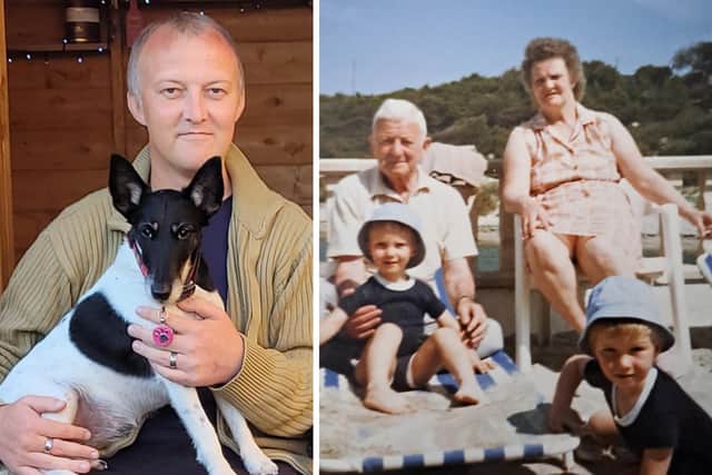 Simon Harper and his rescue dog Tammy. The other photo is of Simon, his brother and their nana and granddad on a family holiday in Majorca.