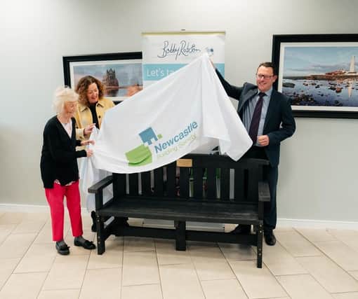 Lady Elsie Robson unveils a commemorative bench to mark the ten year fundraising partnership between Newcastle Building Society and the Sir Bobby Robson Foundation.