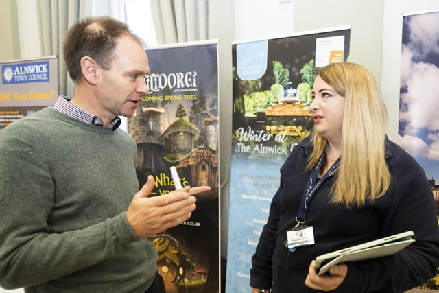 Cllr Martin Swinbank in discussion with Fiona Mitcheson from The Alnwick Garden.