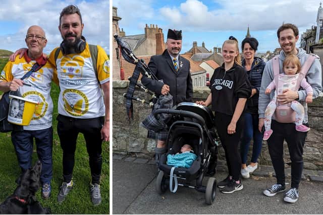 Left, Derek Morton and Stewart Brown. Right, Andrew Smith (chair of Berwick Cancer Cars) alongside baby Austin-Edward and Austin-Edward’s mum, dad, sister and grandma. Picture by Roger Peaple (Berwick Cancer Cars).