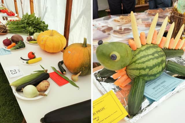 Some of the produce exhibits and a vegetable dinosaur.